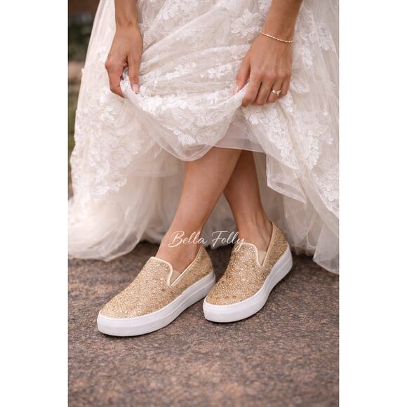 Volatile Shoes - Volatile Gold Rhinestone Slip On Sneakers Bling Sparkly Flats Tennis Shoes Sz 8
